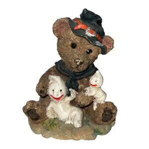 Handpainted Resin Bear Figurine in Halloween Costume with Ghosts, 4x3.5